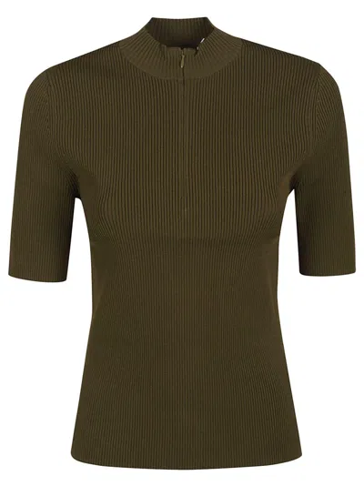 Tory Burch Half-zip Mock Neck Ribbed Knitwear In Green