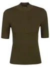 Tory Burch Half-zip Ribbed Top In Dark Oliva