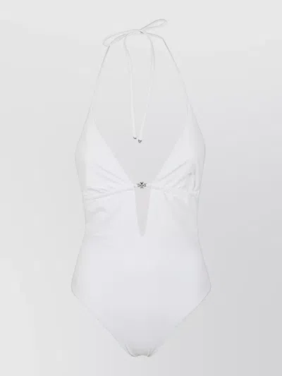Tory Burch Halter One Piece Swimsuit Plunge Metal Ruched In White