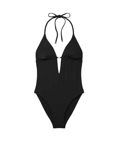 Tory Burch Halter Neck Plunge Swimsuit Ring Detail In Black