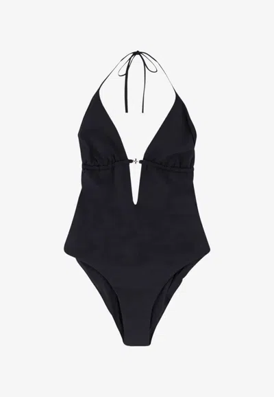 Tory Burch Halter Neck Plunge Swimsuit Ring Detail In Black