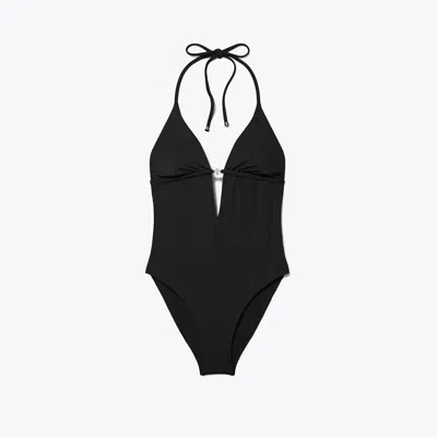 Tory Burch Halter Neck Plunge Swimsuit Ring Detail In Black