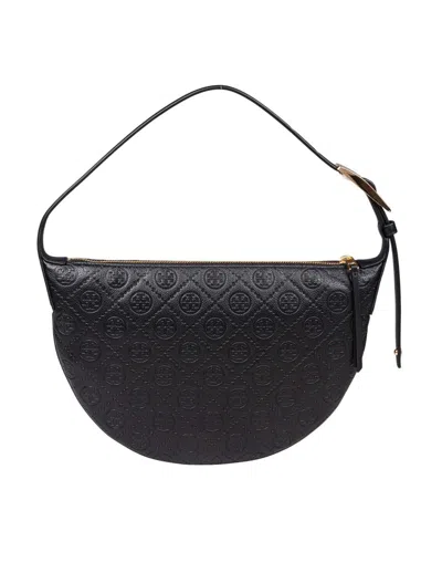Tory Burch Hammered Leather Half-moon Bag In Black