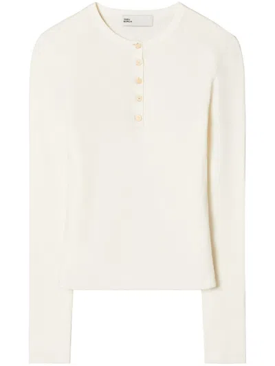 Tory Burch Ivory Ribbed Viscose Sweater In White
