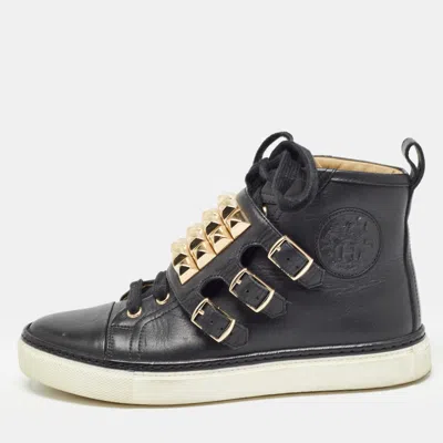 Pre-owned Tory Burch Hermes Black Leather Lennox High Top Sneakers Size 36