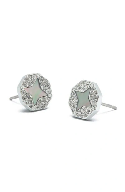 Tory Burch Hex Mother Of Pearl Stud Earrings In Silver