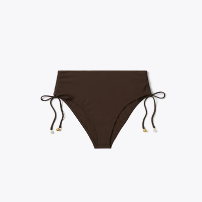 Tory Burch High-waisted Cinched Bikini Bottom In Dark Fudge