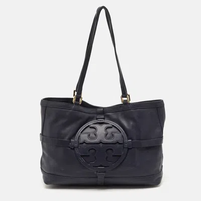 Pre-owned Tory Burch Holly East West Navy Blue Leather Tote