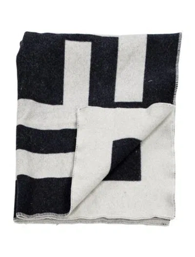 Pre-owned Tory Burch Home Patterned Wool-blend Throw Blanket In Blue