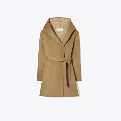 Tory Burch Hooded Wool Coat In Brown