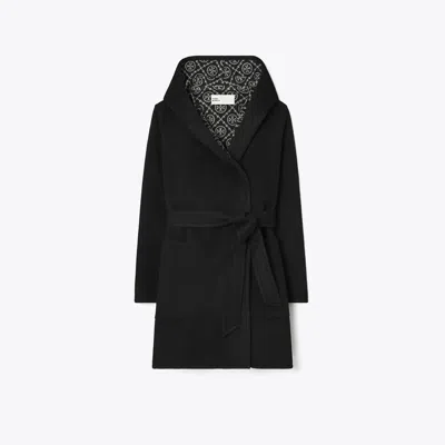 Tory Burch Hooded Wool Coat In Black