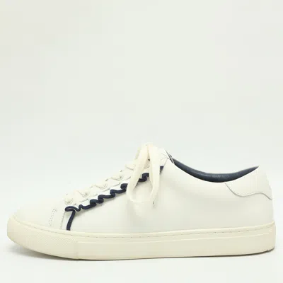Pre-owned Tory Burch Howell Court Ruffle Size 40 White Leather Low Top Sneakers