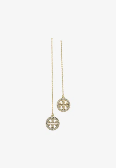 TORY BURCH ICON CRYSTAL PAVED DROP THREADER EARRINGS