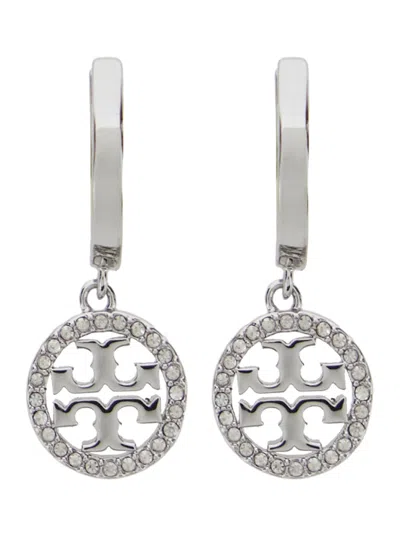 Tory Burch Icon Double T Logo Pendant Hoop Earrings In Brass-blend Plated Silver Metallic For Women