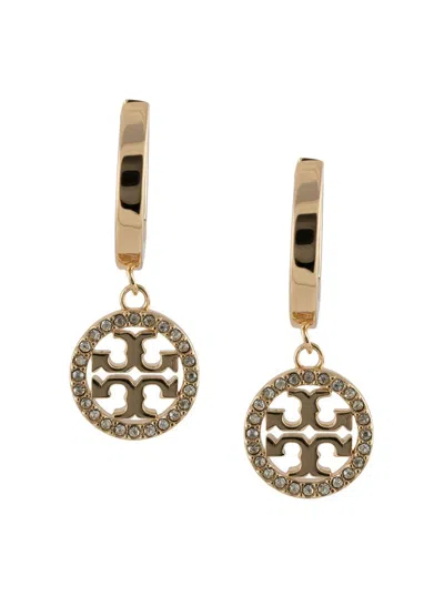 Tory Burch Icon Hoop Earrings With Crystals, Double T Pendant, 2.8 Cm In Metallic