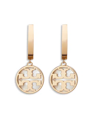 Tory Burch Icon Mother Of Pearl Charm Huggie Hoop Earrings In Tory Gold