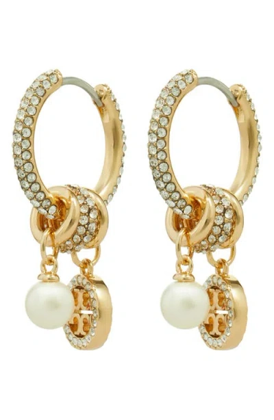 Tory Burch Icon Pavé Hoop Charm Earrings In Gold