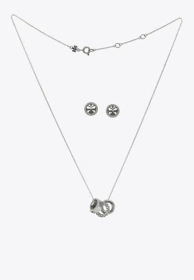 Tory Burch Icon Paved Necklace And Earrings Set In Silver