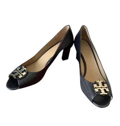 Pre-owned Tory Burch In Box  Claire 65mm Calf Leather Open Toe Wedges In Black