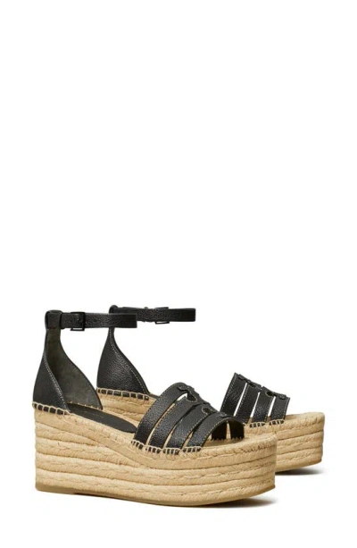 Tory Burch Ines Caged Leather Double T Espadrilles In Perfect Black