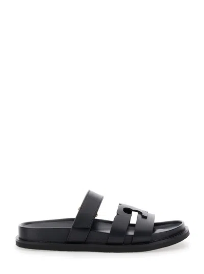 TORY BURCH 'INES' BLACK SANDALS WITH APPLIED LOGO AND TEAR-OFF CLOSURE