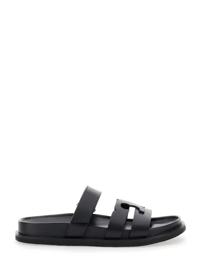 TORY BURCH 'INES' BLACK SANDALS WITH APPLIED LOGO AND TEAR-OFF CLOSURE IN LEATHER WOMAN