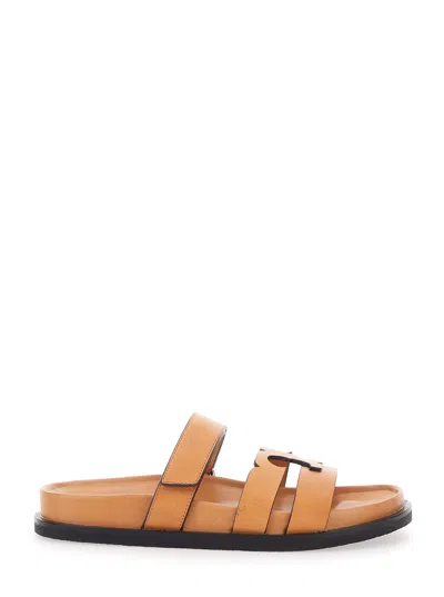 Tory Burch Ines Brown Sandals With Strap And Logo Band In Leather Woman