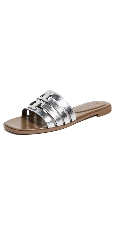 TORY BURCH INES CAGE SLIDES SILVER / WILD MUSHROOM