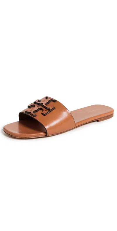 Tory Burch Embossed-logo Leather Slides In Brown