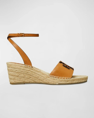 Tory Burch Ines Leather Double T Espadrilles In Leather Brown