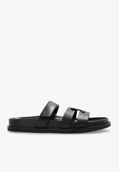 Tory Burch T-slide Leather Sandals In Black
