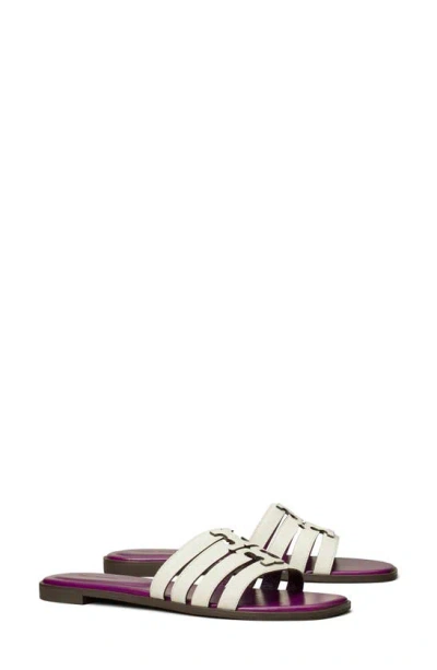 Tory Burch Ines Caged Leather Flat Slide Sandals In Gardenia/cocoa