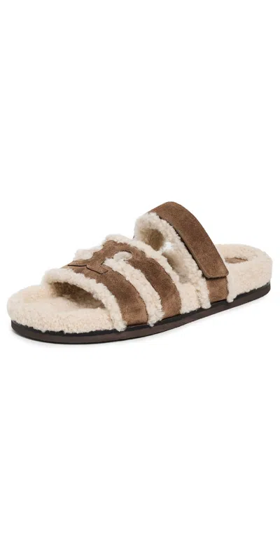 Tory Burch Ines Shearling Sport Slides River Rock/taupe In Multi
