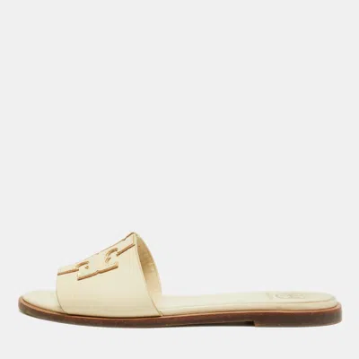 Pre-owned Tory Burch Ines Size 37 Cream Leather Flat Slides In White