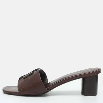 Pre-owned Tory Burch Ines Size 38 Burgundy Leather Slide Sandals