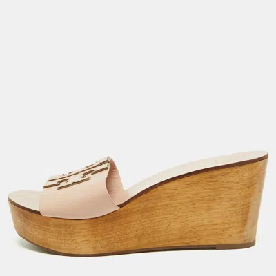 Pre-owned Tory Burch Ines Size 38 Light Pink Leather Platform Wedge Sandals