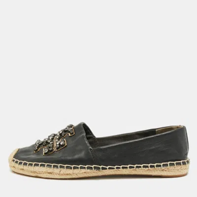 Pre-owned Tory Burch Ines Size 38.5 Black Leather Espadrille Flats