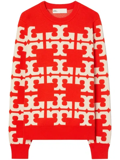 Tory Burch Intarsia-knit Merino-wool Jumper In Red