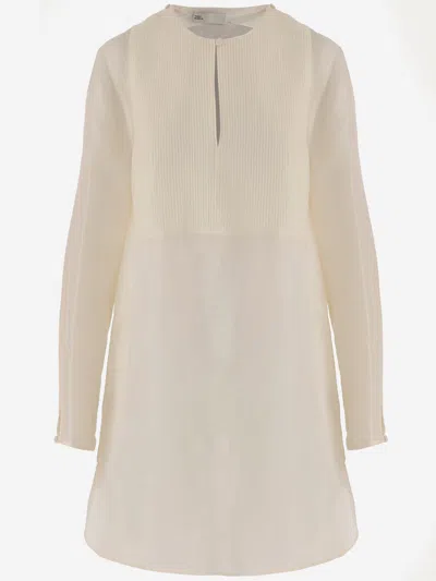 Tory Burch Ivory Linen And Silk Dress In Brown