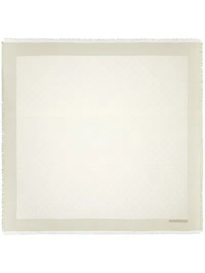 Tory Burch Ivory Wool-silk Blend Wraparound Scarf With Monogram Pattern