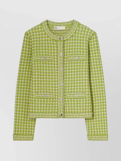 Tory Burch Jacquard Knit Jacket Belted Waist In Green