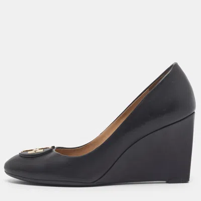 Pre-owned Tory Burch Janey Size 37 Black Leather Wedge Pumps