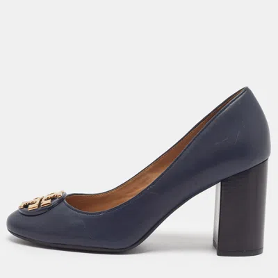 Pre-owned Tory Burch Janey Size 37.5 Navy Blue Leather Block Heel Pumps