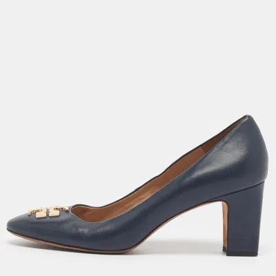 Pre-owned Tory Burch Janey Size 40 Navy Blue Leather Block Heel Pumps