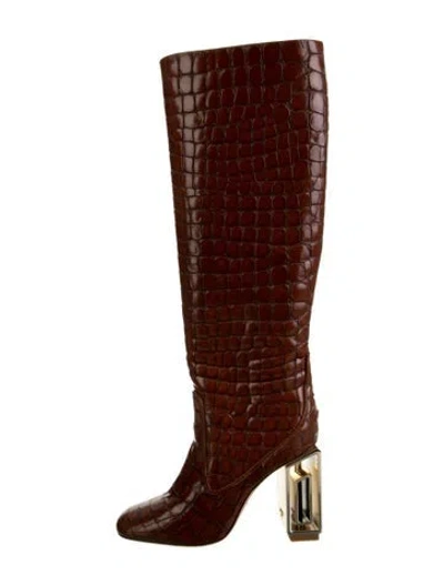 Pre-owned Tory Burch Jessa 95mm Rectangle Hardware Crocodile Embossed Boots Leather Boots In Multi