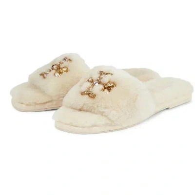 Pre-owned Tory Burch Jeweled Double T Shearling Fur Slide Buttermilk 7.5 8 8.5 9 9.5 In Beige