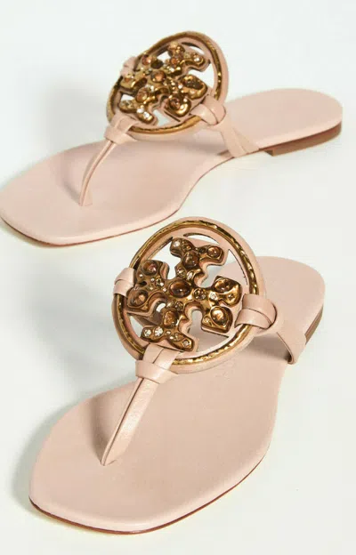 Pre-owned Tory Burch Jeweled Miller Leather Sandal Meadowsweet Pink 7 7.5 8 8.5 9 9.5