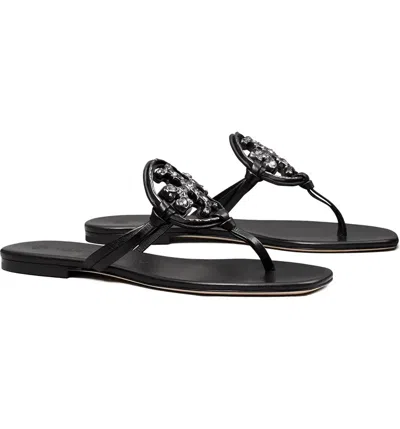 Pre-owned Tory Burch Jeweled Miller Leather Thong Sandal Black 7 7.5 8 8.5 9 9.5 10 11
