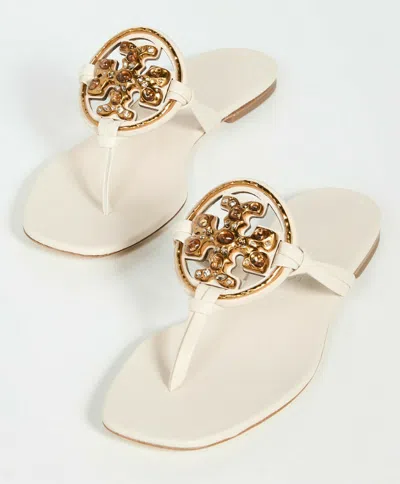 Pre-owned Tory Burch Jeweled Miller Leather Thong Sandal Brie Us 6.5 7 7.5 8 8.5 9 9.5 In Beige