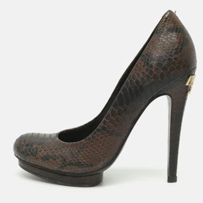 Pre-owned Tory Burch Jude Size 37 Brown Snake Print Leather Platform Pumps